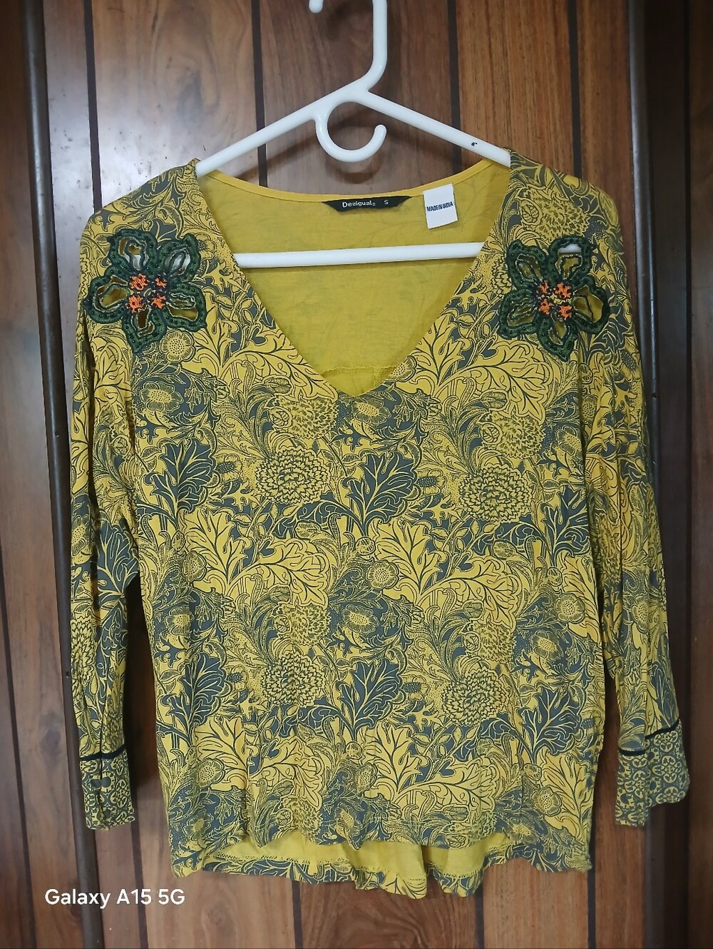 Desigual Mustard Yellow Floral V-Neck Long Sleeve Top Made In India